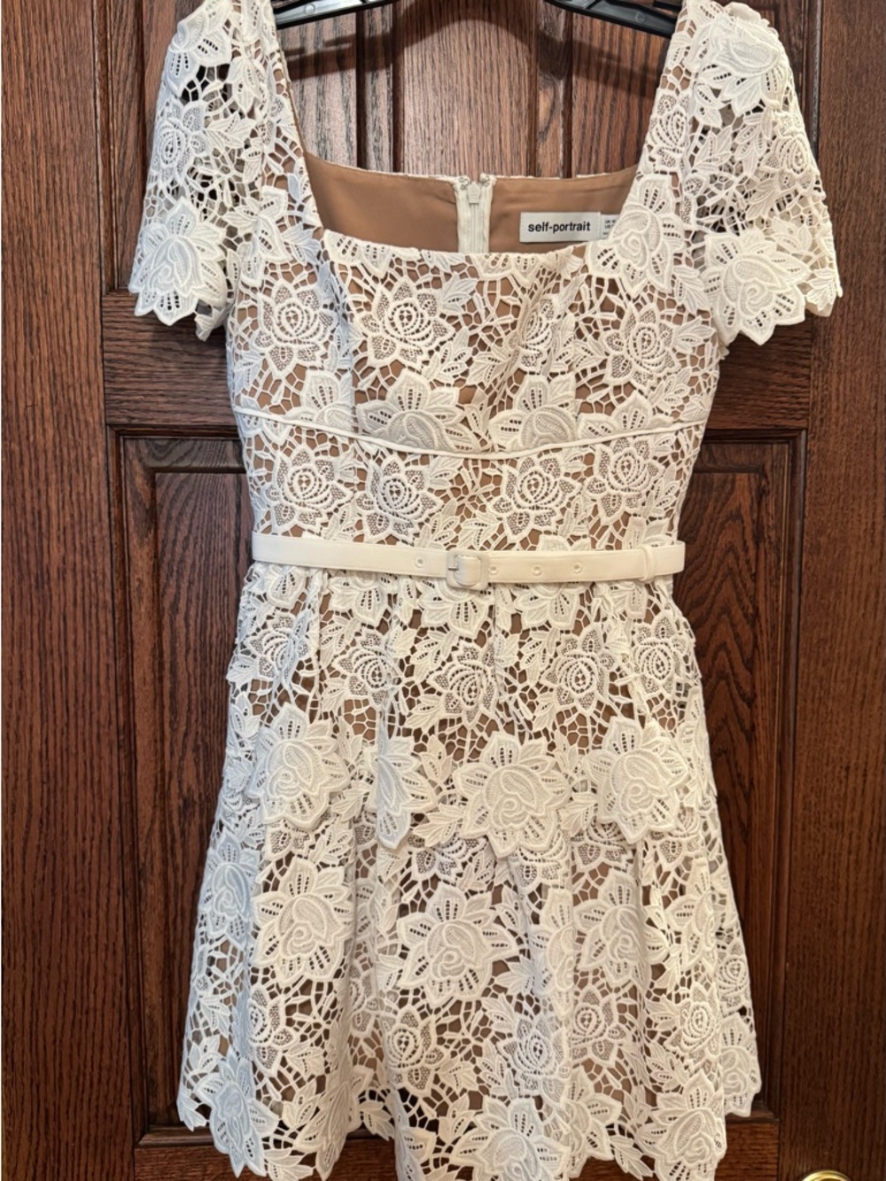 Self-Portrait White Floral Lace Belted Mini Dress in Size 6